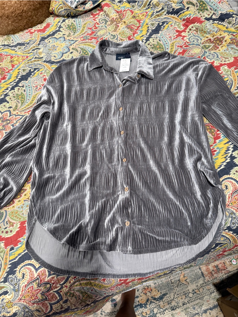 Gray Pleated Button-Front Satin Blouse
